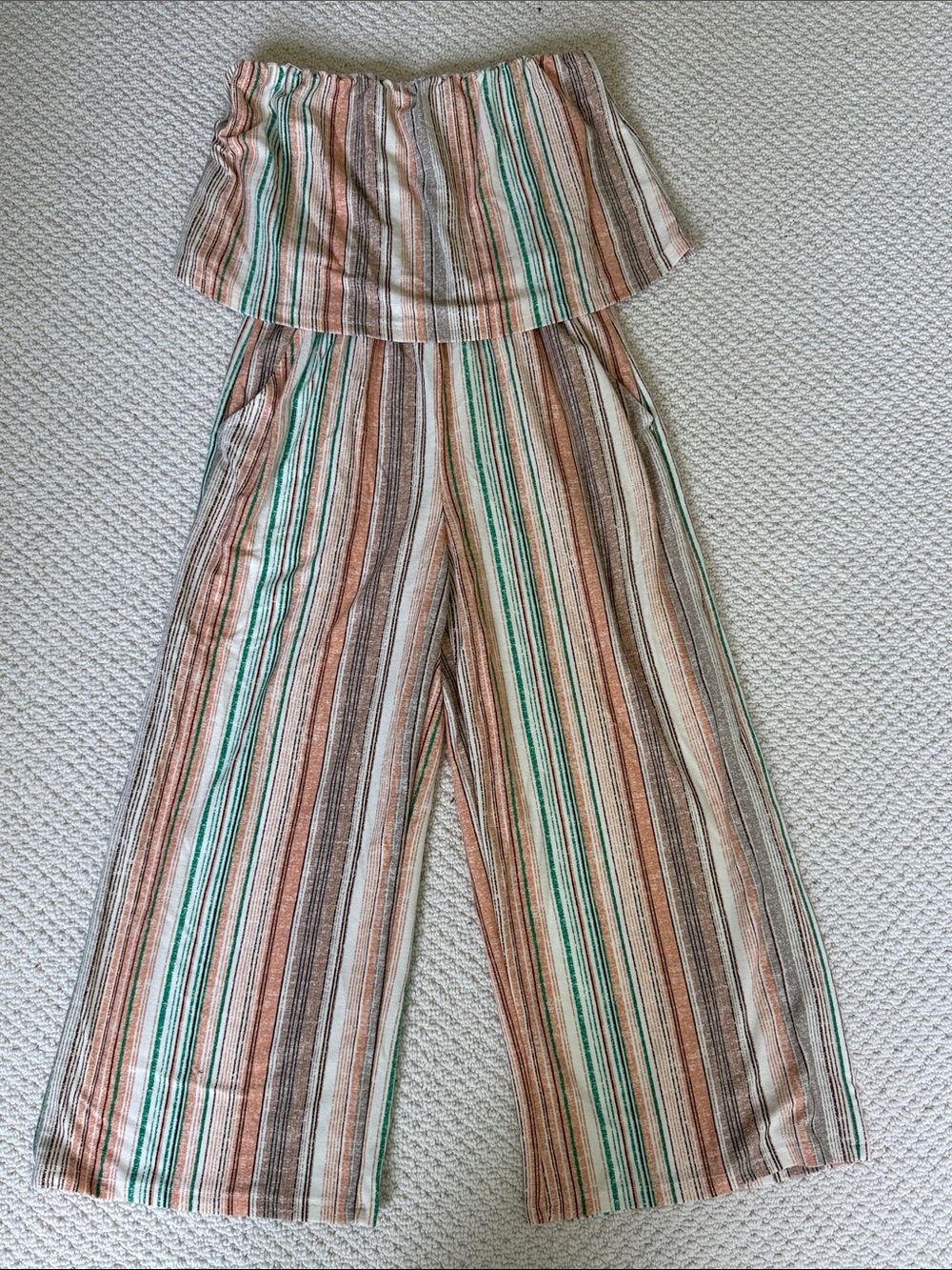 BeBop Strapless Wide-Leg Striped Jumpsuit in Green, Brown, Peach & Cream